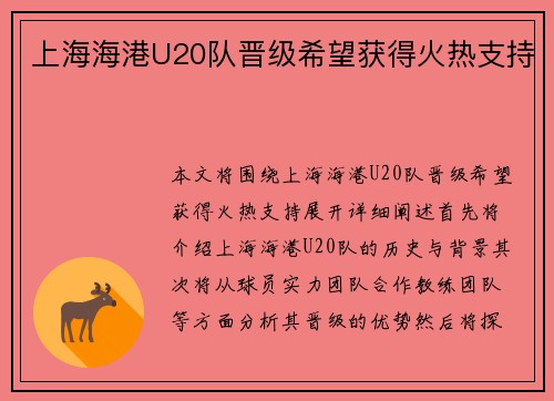 上海海港U20队晋级希望获得火热支持 上海海港U20队晋级希望获得火热支持